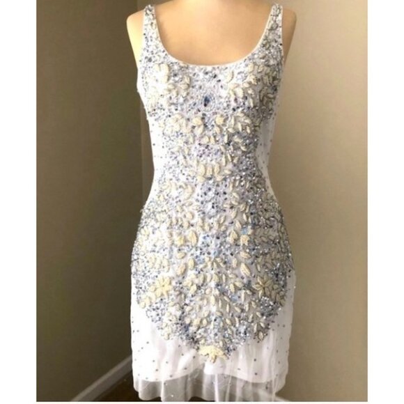 Adrianna Papell Women White Embellished Beaded Illusion Dress Size 4 Cocktail - Picture 5 of 12